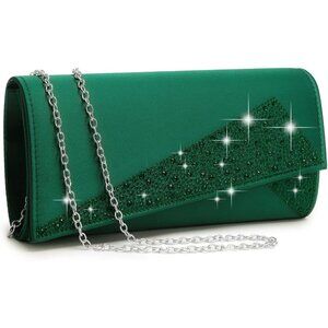 Women's Green Satin Rhinestone Evening Clutch Bag Sparkle Glitter Purse